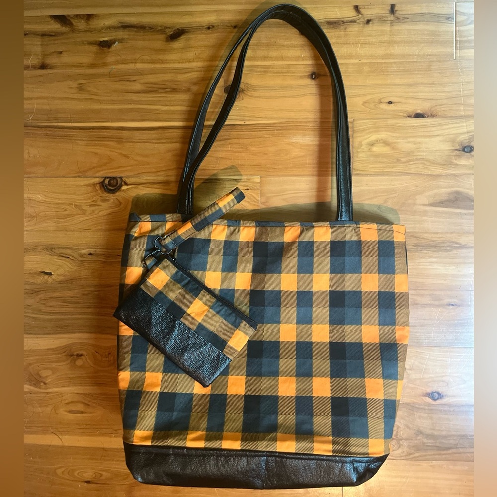 Plaid tote and wristlet